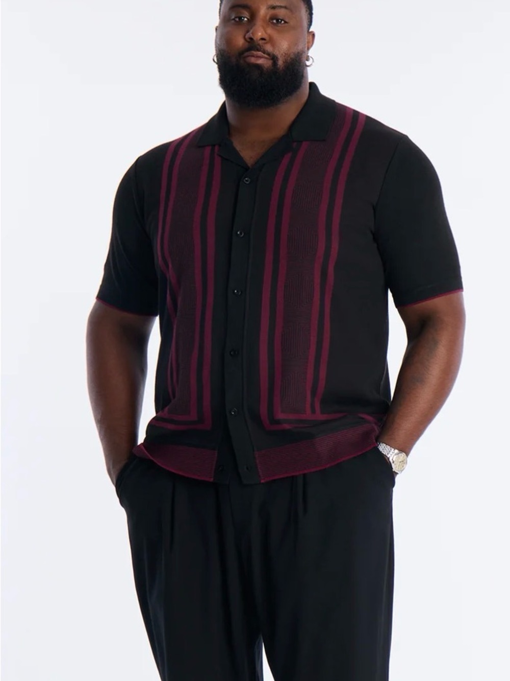 Fashion Nova Black Short-Sleeve Button Shirt with Burgundy Stripes